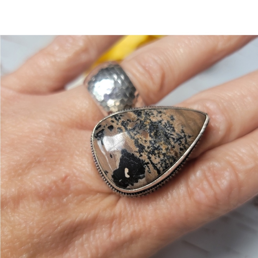 Honey Dendrite Opal silver ring Size-7.75